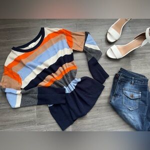 Cashmere Blend Women’s Navy & Orange Striped Sweater - Med
